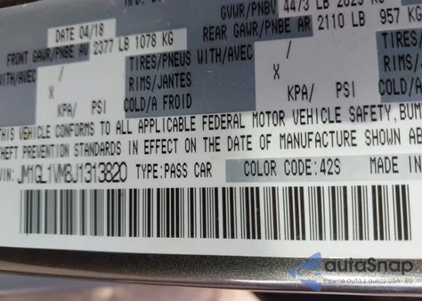 2018 Mazda Mazda6 Touring z USA, uszkodzony, nr VIN JM1GL1VM8J1313820